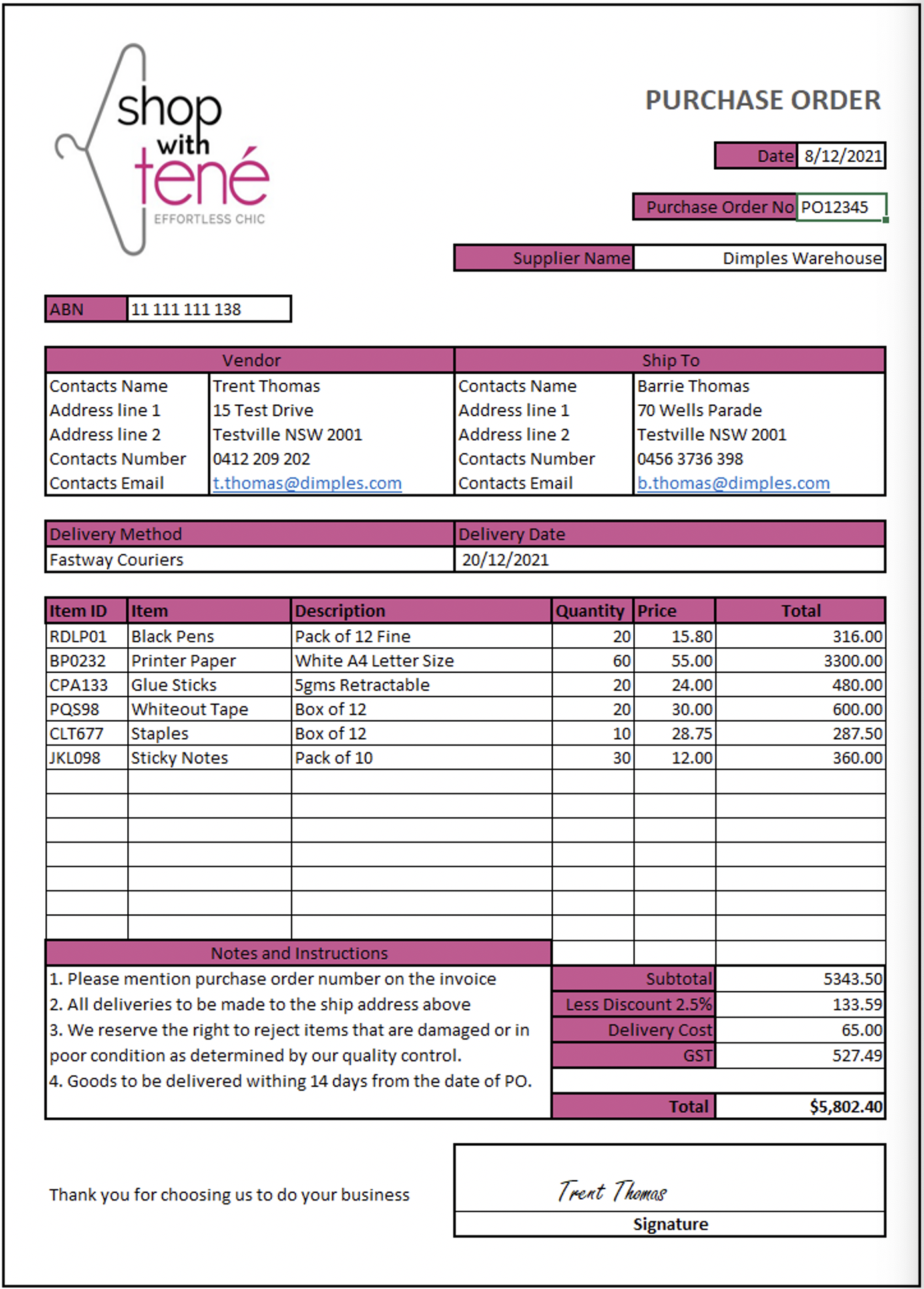 An example purchase order